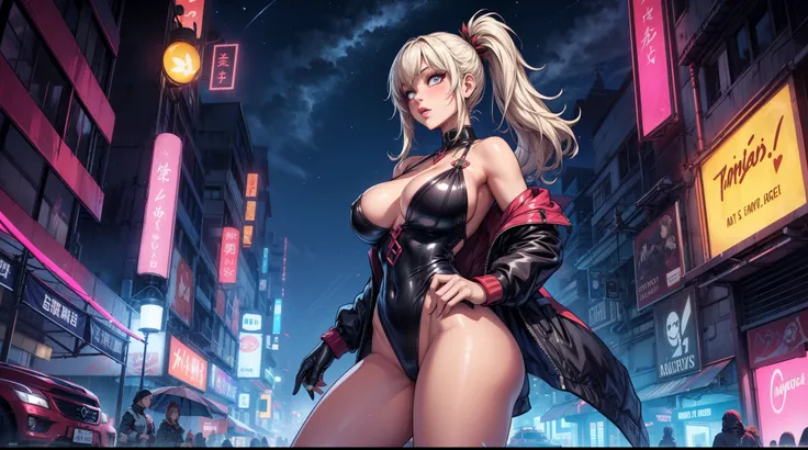 sexy anime 1girl, glowing skin, beautiful background, beautiful sky, aesthetic, vanilla, night, neon city, sexy outfit
