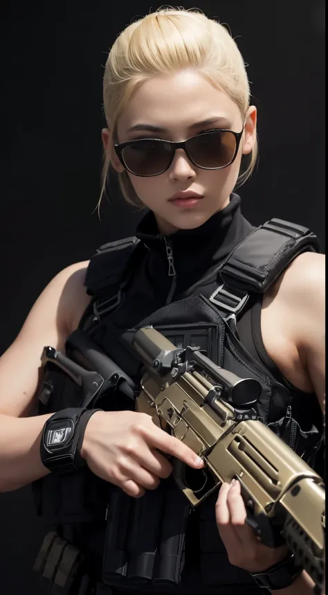 ((highest quality)), (masterpiece), realistic, photorealism, One girl aiming with an ak-47 assault rifle, battle pose, realistic, High resolution,black wall background, look at the camera, (detailed face), (blonde high top fade:1.3), SWAT vest, gun, jewelr...