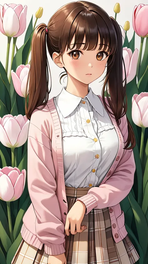 (masterpiece, highest quality), Super detailed, 1 female, whole body, looking at the camera, bangs bangs, twin tails, Inward roll, Round collar blouse, pastel pink cardigan, brown check skirt, have tulips, simple background, white background detailed face
