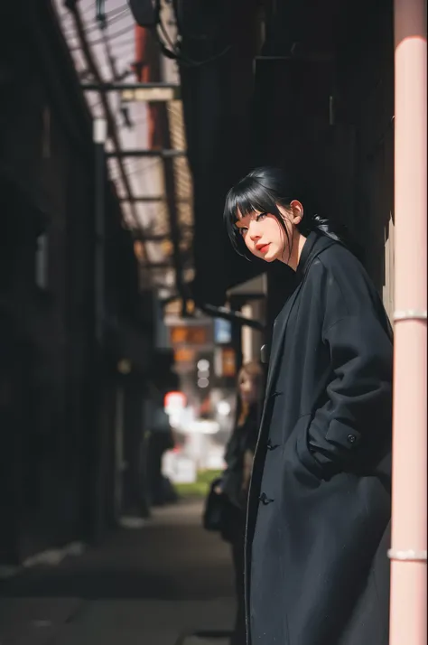 Woman wearing a coat and standing in a narrow alley, shot in canon 50mm f/1.2, Sui Ishida with black hair, standing in the alley, 50mm portrait, portrait of japanese teenager, produce: Torii Kiyomoto, Chiho, Shooting with a Leica SL2, Shot on Sony A7, wear...