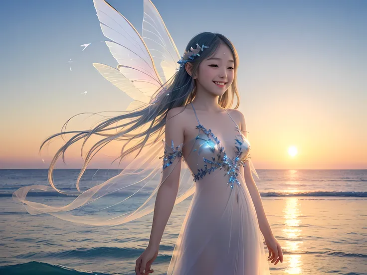 Beautiful fairy with a sense of transparency､Beautiful sparkling ocean、Transparent feathers､smile gently､Summer background､Gentle and transparent fairy､sunset