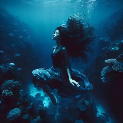 ((realistic underwater photography)) (very sharp photo result, full body desaturated photo) (((textile shading))), (((Best Quality))), (((masterpiece))), (((hyper realistic photo))) indonesian 18-years old girl, long hair, deep diving inside deep trench bl...