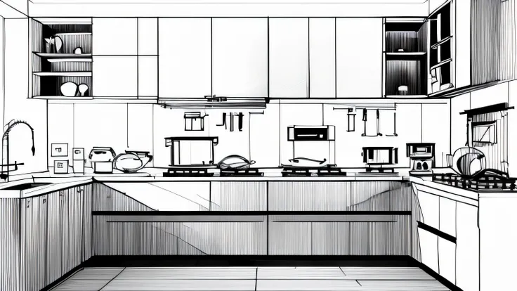 kitchen,Hand drawn design drawing,Line drawing,White bottom,black lines,No coloring