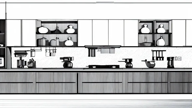 New Chinese kitchen,Hand drawn design drawing,Line drawing,White bottom,black lines,No coloring