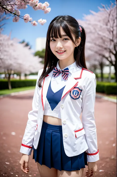 girls standing in cherry blossom park,navy blue long-sleeved sailor school swimsuit with red bow tie,navy blue pleated skirt,18-year-old,bangs,a little smile,thighs,knees,straight hair with barrette with red bow,from below,front-light