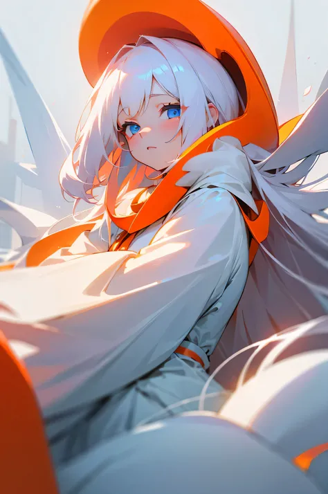 1 girl、looking at the camera、cheeks are red、long white hair、blue eyes、white long dress、fluffy material、pure white skin、orange neon feeling