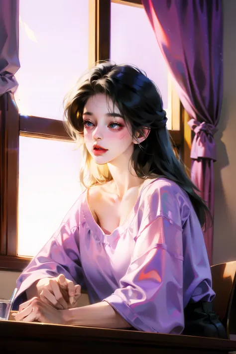 (higher resolution, clearly_image) best quality, a woman, masterpiece, Very detailed, semi-realistic, 21 years old, beautiful, young, Handsome, t-shirt, Lilac shirt, collar around neck, Internal, modern room, window, wake up, morning, blush, smiling