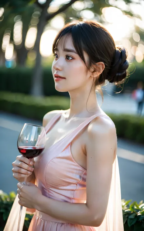 masterpiece, Best Quality, Raw photo, 8K, 1girl with a wine glass, Beautiful detailed skin, backlight, soft light, bashful, embarrassed, smile, Luminescent, Looking away, Anatomically correct, half updo, bangs, Eyes and faces with detailed, Textured skin, ...