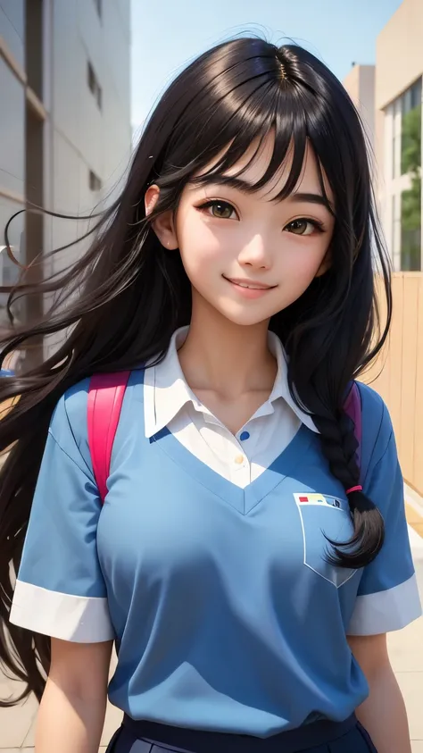 a high school，black hair，Hairstyle，Smile。Upper body，Looking directly into the camera，wear uniform。learning campus，wind blowing hair，HD beautiful