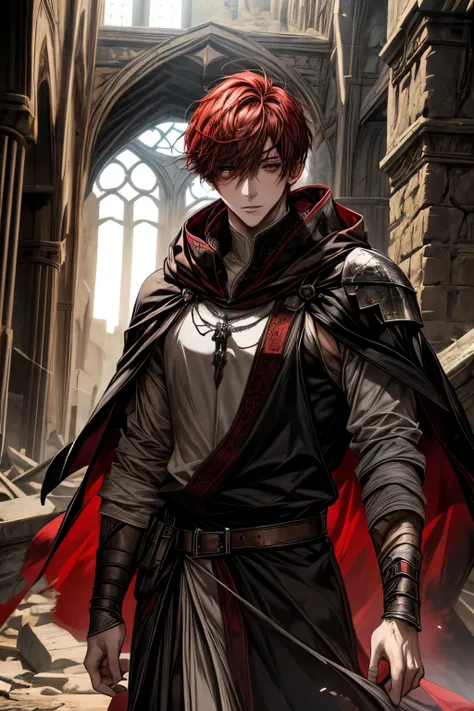 male, red short hair with bangs, black eyes, adult face, adult, white hood and shroud, handsome, medieval fantasy, ruins, sorcerer