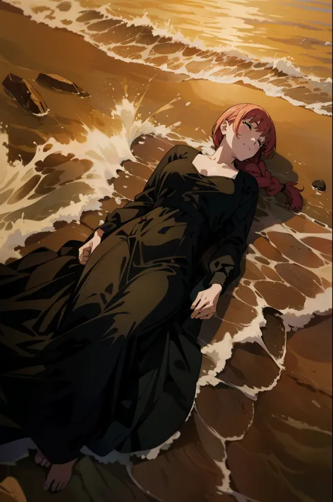 there is a woman laying on the beach with her head in the water, anime girl wearing a black dress, evangelionic illustration, beaching, official anime still, advanced digital anime art ”, official art, made with anime painter studio, todays featured anime ...