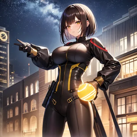 全体的highest quality　（lidarsuits rider suit）　brown hair　big breasts　（hairstyle bob cut 4k）　Yellow eye　（background london，night sky，building，highest quality）　（体ボディhighest quality2k）