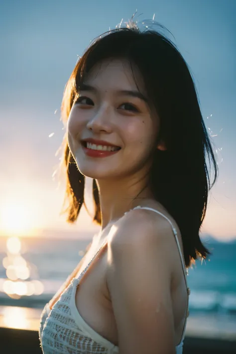 Best Quality,Masterpiece,Ultra High Resolution,(Realisticity:1.4),Original Photo,Cinematic Lighting,
1Girl,smile,backlighting,ocean,d cup breasts, taiwanese,cute makeup,lustful