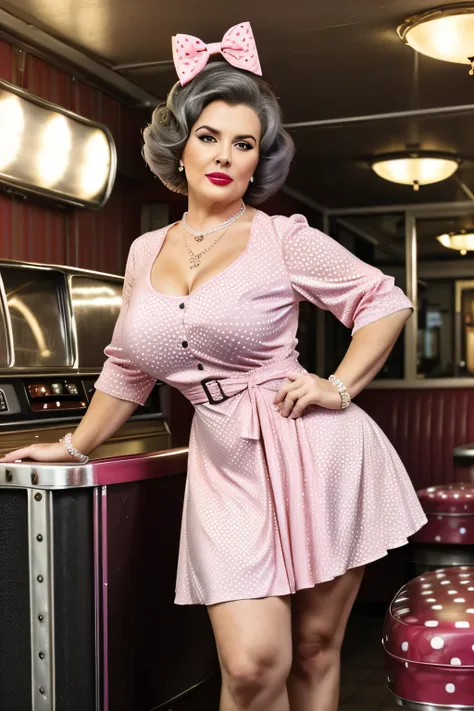 fat, a beautiful 70 year old woman, (mature), ((wearing a beautiful vintage formal pink dresses with polka dots)), dresses with polka dots, realistic, chubby, smooth face, perfect eyes, symmetrical, 8k high definition, insanely detailed, intricate, elegant...