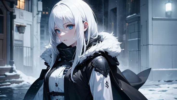 dark escenario, frost assassin, pale girl ,realistic, white hair