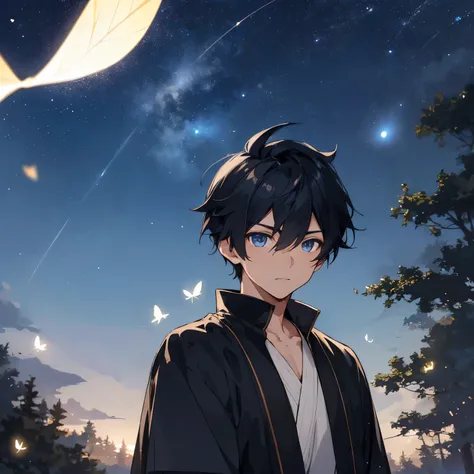 boys，male，boy，handsome face，Strong hairstyle，blue eyes，black hair，short robe，under the night sky，fireflies flying，Leaves fluttering，high resolution