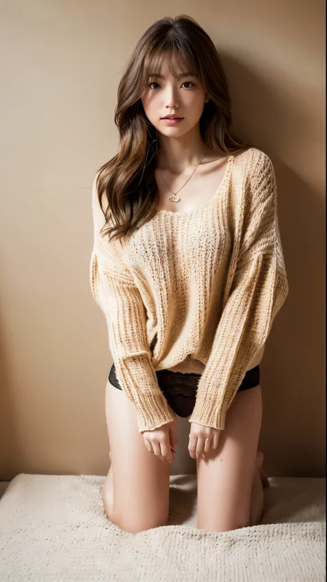 (highest quality, 8k, 32K, nffsw: 1.2), photo of cute japanese woman, light brown long hair, (extra large_sweater,:1.1) necklace, whole body, No bra, on all fours, realistic lace panties、high resolution、High resolution、realistic skin texture