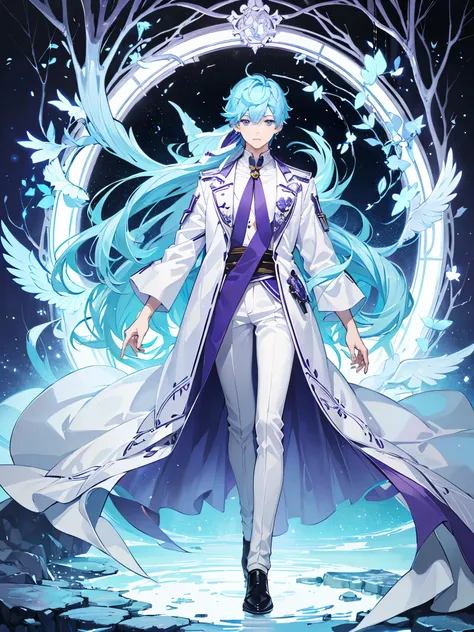 ((Full body)), (a boy), (super detailed), male role, beautiful boy, ((light blue clothes)), ((light blue hair)), ((purple eyes)), high quality