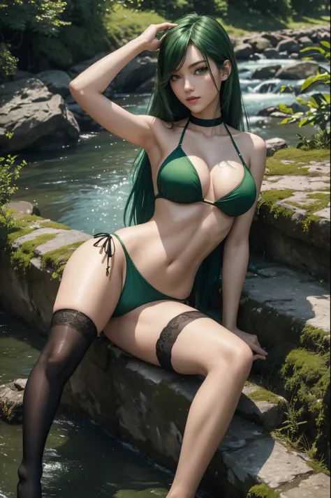 (masterpiece),4k, (ultra realistic), (best quality), (high detailed face),sexy, 1girl, a beautiful girl taking selfie near the river, slim, long legs, (bikini), (flat chested), (black stocking), (green hair, green eyes), (crossed legs), (ultra detailed bod...