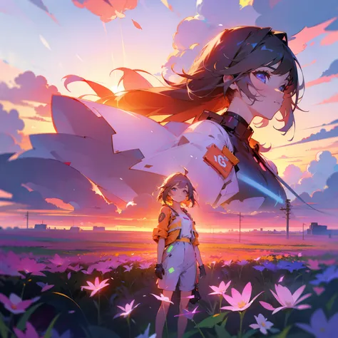 girl standing in field of neon flowers, detailed face, mid short, clouds, sunrise