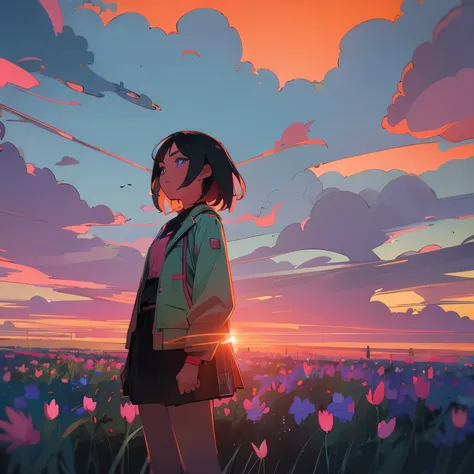 girl standing in field of neon flowers, derailed face, mid short, clouds, sunrise