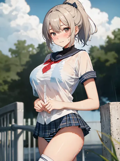 highest quality、High resolution、detailed background、beautiful and detailed face、beautiful and smooth skin、skin texture、beautiful teenage girl、(huge breasts:1.2)、
stripes々panties、thin sailor shirt、white sailor collar、Pleated mini skirt with tartan plaid pat...