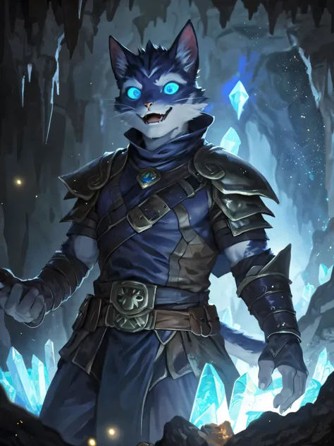 solo, male, adventurer, (male cat girl:1.3), (standing:1.3), (kemono:1.2), (cave:1.23), (leather armor), (excited:1.3), open mouth,  ,detailed eyes, cat tail, cat ears, (bust portrait), (detailed eyes), (indoors:1.35), crystal, torch, smoke, dnd, (dark:1.4...