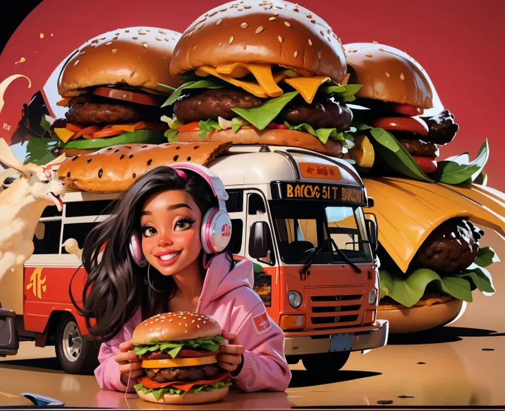 there is a happy dark skin woman wearing headphones and holding a a cheese burger in front of a bus, official artwork, cool dj afro hair girl dark skin 0promotional art, promotional artwork, promo art, commercial illustration, album art, official art, hq a...