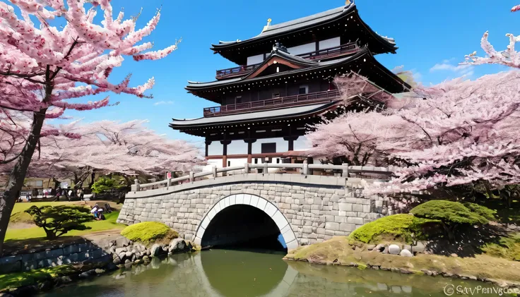 a typical Japanese tori gate, and a castle behind it, there are cherry trees, flowers, the sunny weather is very beautiful