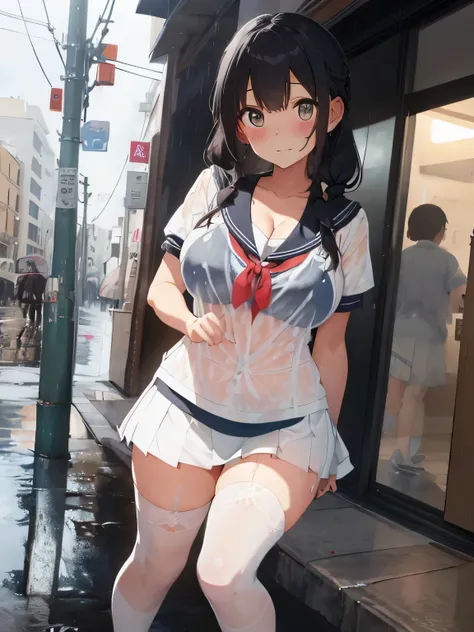 highest quality、High resolution、detailed background、beautiful and detailed face、beautiful and smooth skin、skin texture、beautiful teenage girl、(huge breasts:1.2)、
brightly colored panties、Bra with fancy pattern、thin white short sleeve sailor shirt、sailor co...