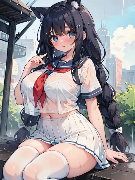 highest quality、High resolution、detailed background、beautiful and detailed face、beautiful and smooth skin、skin texture、beautiful teenage girl、(huge breasts:1.2)、
cute panties、thin white short sleeve sailor shirt、sailor color、Cute colored pleated mini skirt...