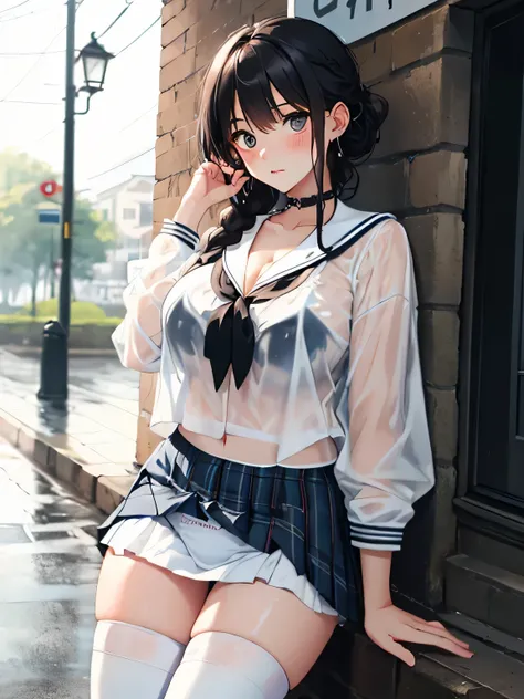 highest quality、High resolution、detailed background、beautiful and detailed face、beautiful and smooth skin、skin texture、beautiful teenage girl、(huge breasts:1.2)、
white panties、thin sailor shirt、white sailor collar、Pleated mini skirt with tartan plaid patte...