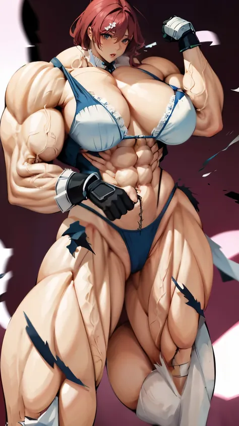  A muscular woman with huge muscles and huge breasts wearing a whiTe bra thigh highs and long gloves  , torn clothes,long hair