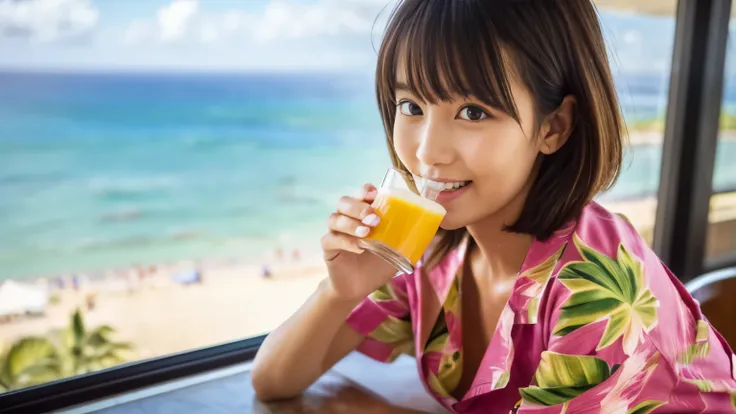 ((最high quality, 8k, masterpiece: 1.3)), perfect face,Inside a stylish cafe with a view of the Hawaiian ocean、A scene in which a beautiful model-like woman with big breasts is drinking a tropical juice.,everything around you, I see other customers enjoying...