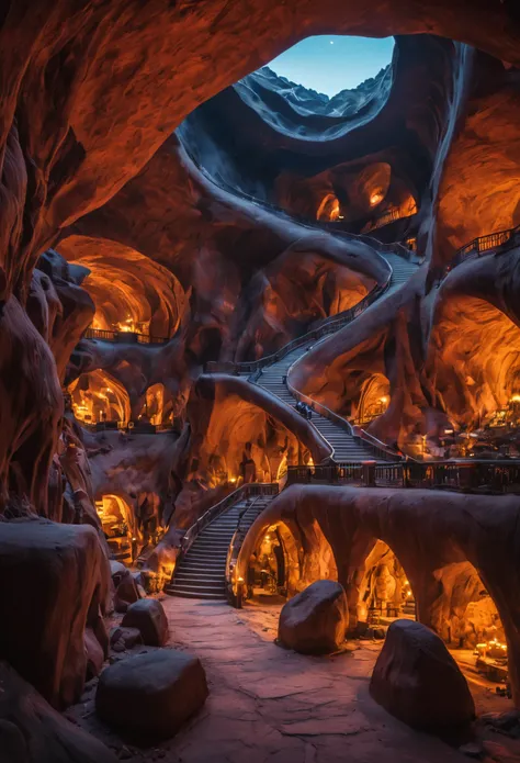 inside of indian ethnic snake temple. king cobra architecture, rock statutes of king cobra, king cobra with fangs rocky snake statues background crowded street bazaar in underground cave city, underground caves, rocky surface which is covered with a thick ...