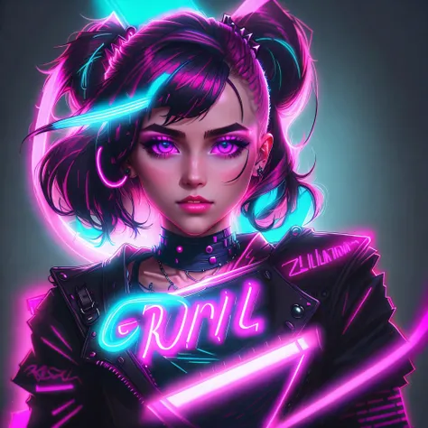 primer plano hermosa joven mujer punk rock globo redondo de chicle en su bocaen color, retro neon synth wave with letters, iluminando el rostro y cuerpo con luces de neon magenta, fondo negro, muy detallado, 32k, sharp focus, obra maestra