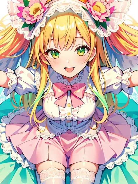 girl,(Angle from above),June bride style outfit,clothes with lots of frills,(legs spread wide),close up of face,((high resolution)),smile,(lace pattern background),(white and pink and blue and yellow and green and orange),