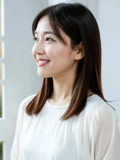 (8k、RAW photo、highest quality、masterpiece:1.2)、light yellow long sleeve dress、High-definition RAW color photo、professional photos、(realistic、photo realistic:1.37)、Photographed in natural light、1 girl、laughter、white wall、Taken in front of the white door、Var...