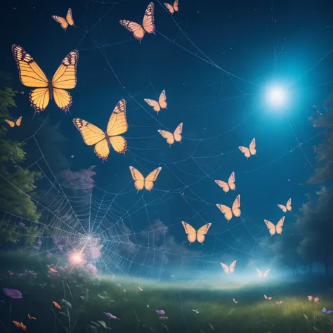 butterflies are flying around a spider web in the dark, digital art by Mike Winkelmann, trending on cgsociety, conceptual art, 🌺 cgsociety, glowing butterflies, butterflies and sunrays, beautiful gorgeous digital art, full of glass. cgsociety, fairy cgsoci...