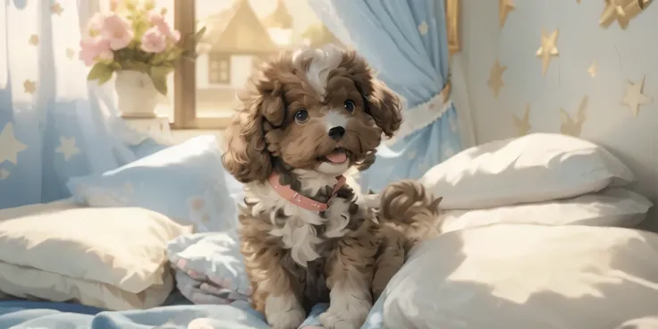 a lovely，kawaii，hairy，fluffy hair，round eyed poodle puppy，Sitting on a soft bed，Surrounded by pillows and sheets as soft as goose down，The sky is full of stars，The background is a European style wall，There are blue curtains and flower arrangements by the w...