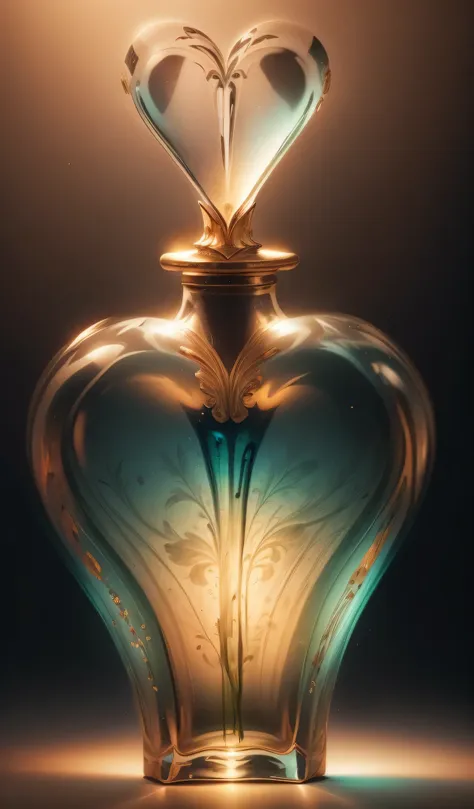 floral pattern,a close up of a glass bottle with a heart shaped top, glass sculpture of a heart, glass-cast heart, perfume bottle, 1 8 th century perfume bottles, by Jan Rustem, beautiful glass work, by Albert Welti, by Kurt Seligmann, venetian glass, beau...