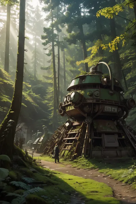 best quality, Ghibli style, incredibly absurdres, extremely detailed, dump site with a large pile of broken mechanical robots, graveyard, decay, rust, moss, weeds, deep in the forest, contrast with beautiful forest, fantastic sunlight filtering through the...