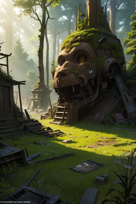 best quality, Ghibli style, incredibly absurdres, extremely detailed, dump site with a large pile of broken mechanical robots, graveyard, decay, rust, moss, weeds, deep in the forest, contrast with beautiful forest, fantastic sunlight filtering through the...