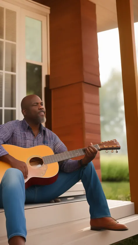 Fall day in southern Georgia, African American man in southern attire sitting outside on porch playing Gibson acoustic guitar, blue hour evening sky, hot weather, HD detail, hyper detail, detailed hands, film look, realism, , soft light, medium field focus...