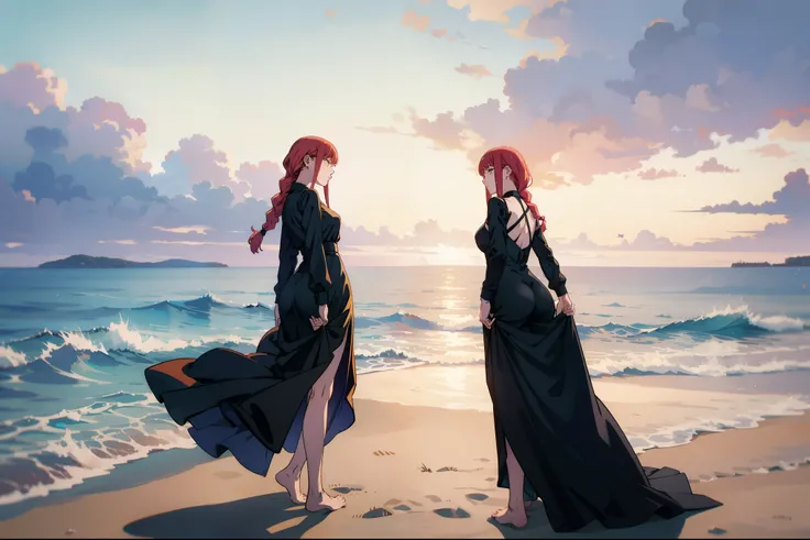 1girl,a beautiful woman in a tight black dress with long sleeves, from behind, looking back, on a beach, panoramic horizon, sunset, beautiful landscape, masterpiece, stunning body, big ass, barefoot, redhead, braid ,showing her ass, lifting her skirt  