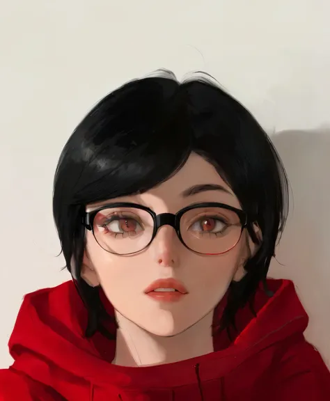 girl，short black hair，wearing glasses，red top