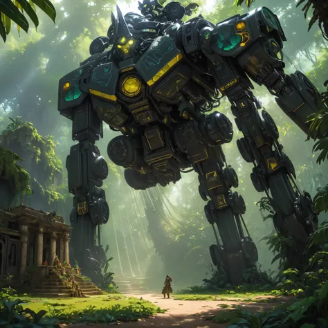 (a massive pyramid,naturalistic,overgrown with foliage),giant mecha of an Aztec god,figs,vines,jungle,ancient civilization,imposing presence,cryptic symbols,impressive engineering,complex machinery,detailed gears and joints,weathered metal and stone,concea...