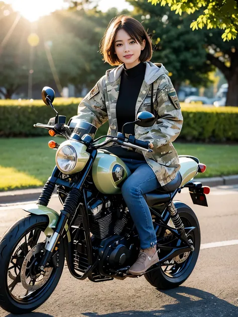 (realistic:1.5), 8k, Super delicate beauty, (a sunny day:1.5), intricate bicycle details (highest quality: 1.0), (Super high sharpness: 1.0),（Beautiful and delicate depiction of eyes）,(((Beautiful woman riding motorcycle))),unreal engine:1.4,photorealistic...