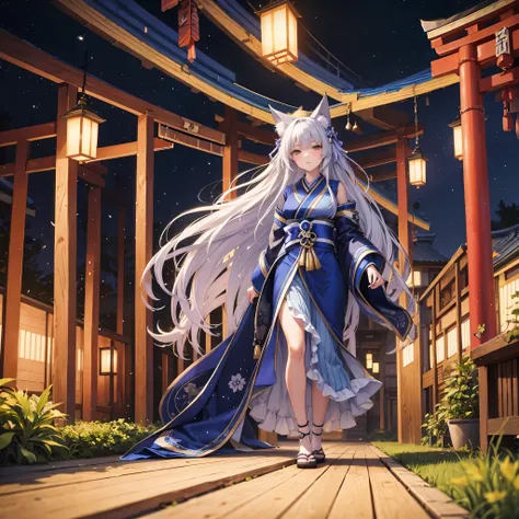 a kitsune woman in a blue dress walking in a Japanese park, long hair, looking sleepy, at night, with nine kitsune syrups
