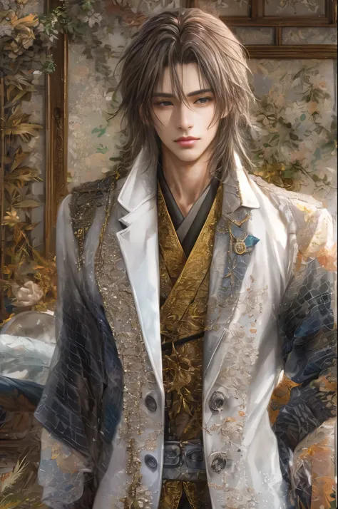 (absurdres, highres, ultra detailed, HDR), masterpiece, best quality, 1 boy , Hakuoki character, log hair, beautiful face, anime eyes,detailed interior, detailed character, 18k,3d,white overcoat, gentle man 